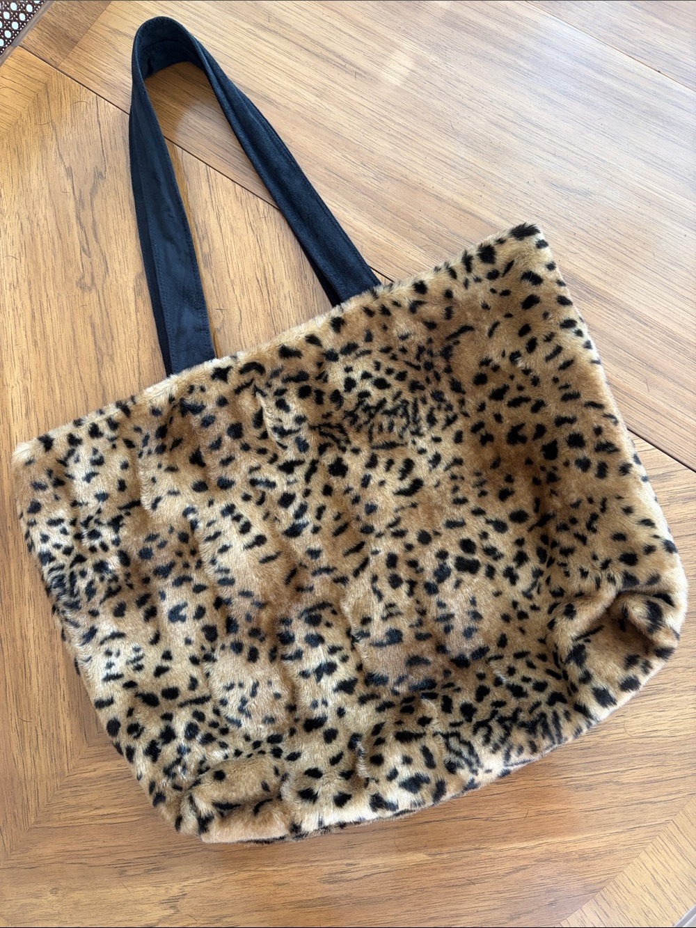INC International Concepts Leopard Faux Fur Tote with Black Straps